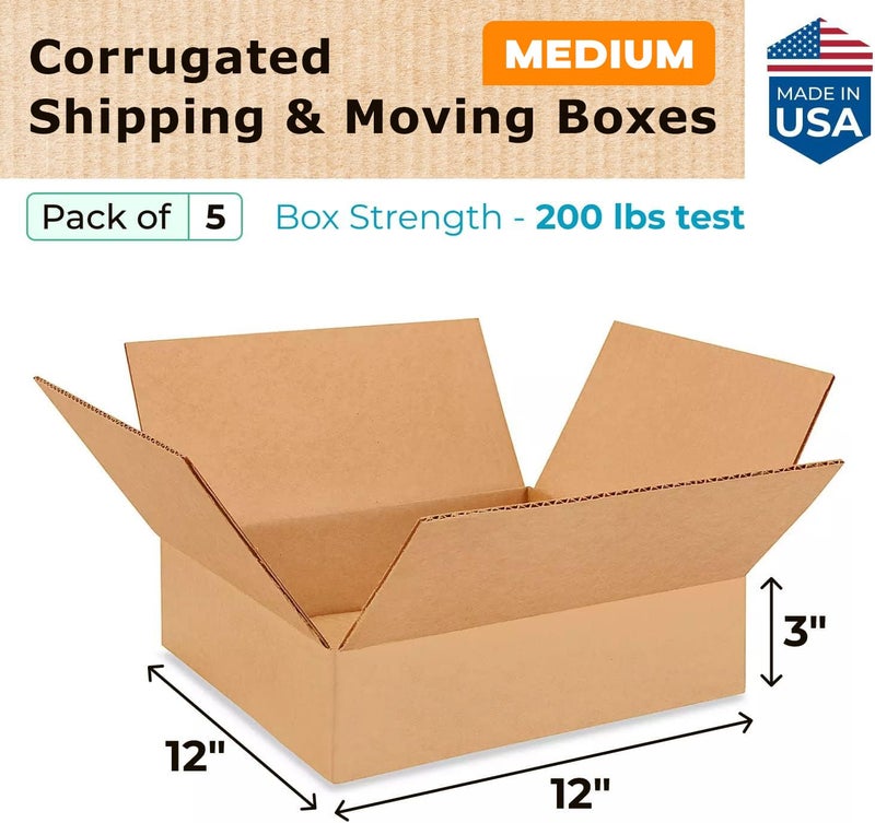 IDL Packaging Medium Moving & Shipping Boxes 12 x 12 x 3 inches (5-Pack) - Extra Strength 200 lb vs Regular - Corrugated Durable Boxes for Packaging - Shipping Box Medium - Heavy Duty Box by IDL Packaging - Image 2
